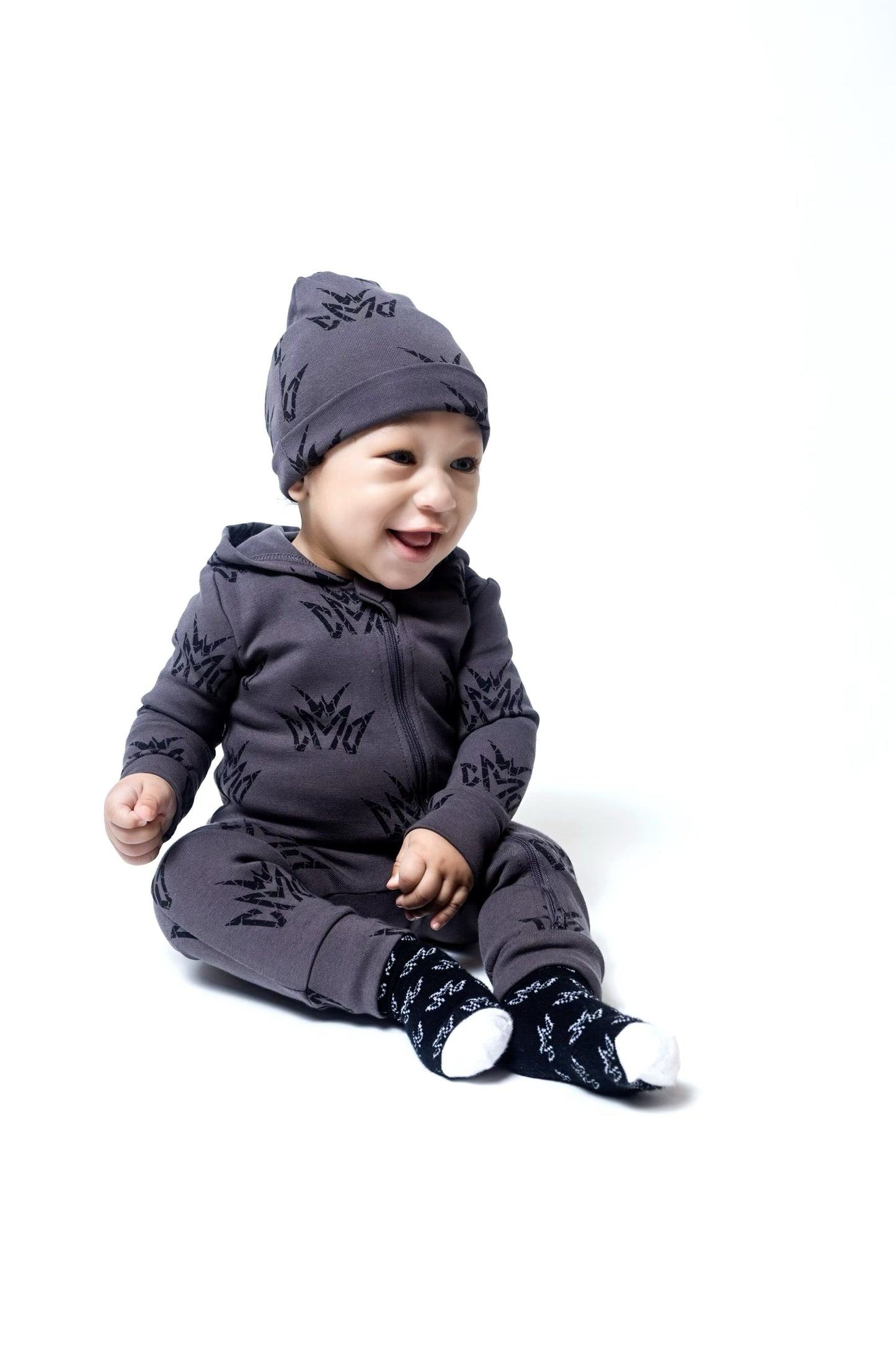 Crown Hooded Romper- Dark Grey