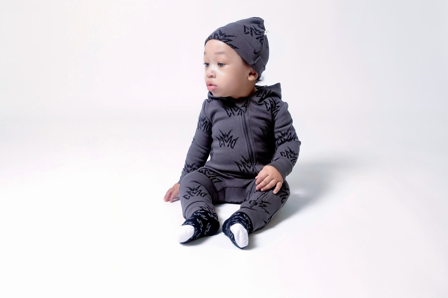 Crown Hooded Romper- Dark Grey
